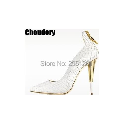 Hot sale sexy white/ black snake leather high gold heels for women party shoes zipper pointed toe pumps women fashion high heels