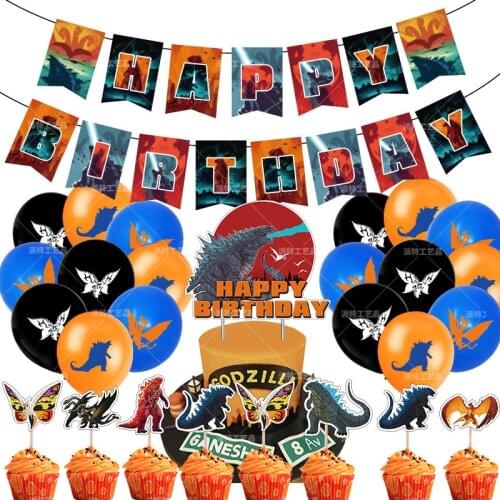 Godzilla Themed Birthday Party Decoration Set Balloons Flags Banners Cake Card Decorations Children Day Halloween Party Supplies