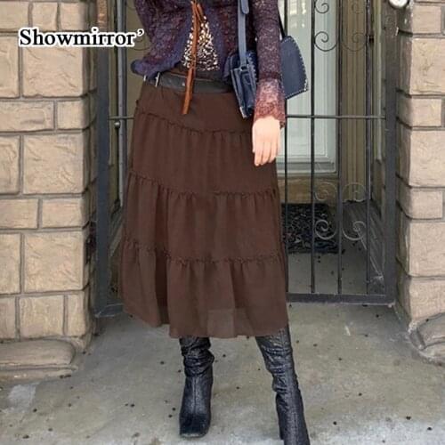 Showmorror Dark Brown Ruffles Fairygrunge Midi Skirts Women Low Waist Summer Long Skirt Solid Aesthetic Mesh 90s Streetwear