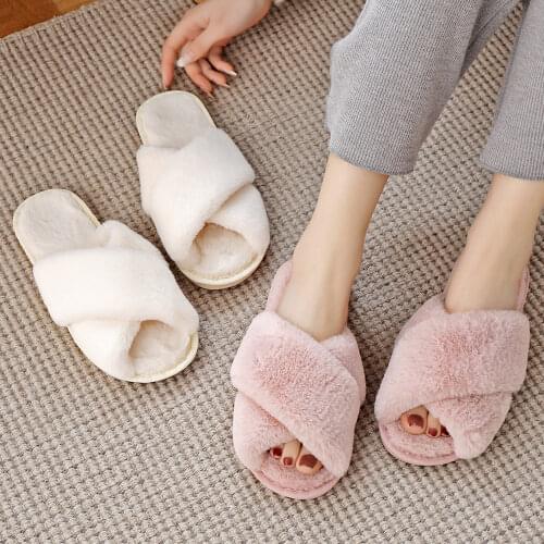 BEVERGREEN Winter Women House Slippers Faux Fur Warm Flat Shoes Female Slip on Home Furry Ladies Slippers Size 36-43 Wholesale