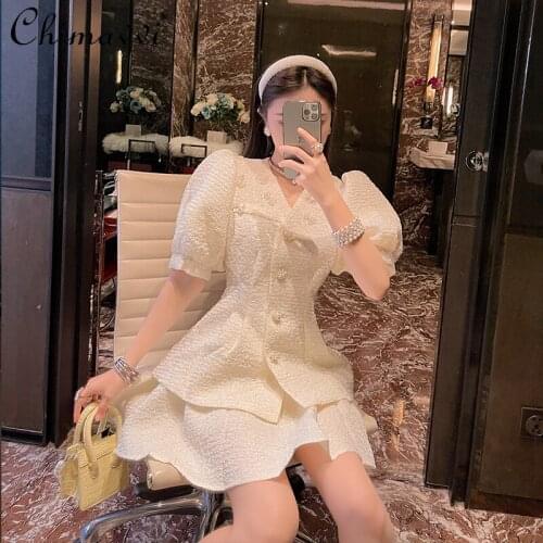 Sweet Puff Sleeve V-neck Womens Top+High Waist Slimming Pleated Skirt 2021 Summer Fashion Temperament Womens Clothing 2pcs Set