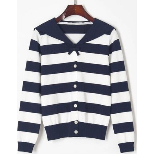 2021 Women Sweater Pullovers Spring Autumn Vintage Striped Knitwear Casual Tops Sailor Collar Jumper Harajuku Blousas Korean ins