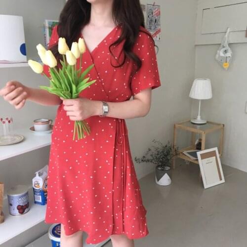 Obrix Vintage Female Sweet Dress Spring Summer Vibe Light Dot Pattern Ladies Short Sleeve A-Line Casual V-Neck Dress For Women
