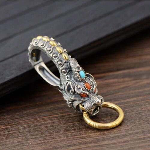 100% Real 925 Sterling Silver VINTAGE biker Retro dragon keyring key ring keychain chain clasp wholesale jewelry Gift A1810