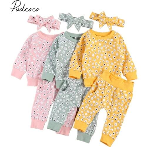 3Pcs Baby Daisy Flower Printed Suit, Long Sleeve Pullover Sweater Top with Long Pants and Printed Hairband