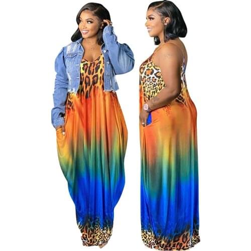 4x Plus Size Women Clothing Leopard Dresses with Pockets Summer Beach Slip Dress Backless Long Dress Wholesale Dropshipping