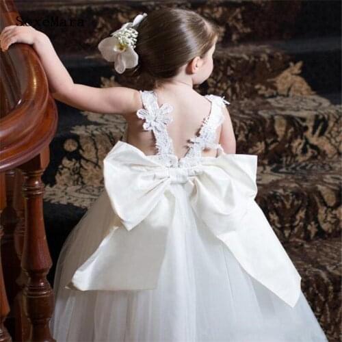Ball Gown Custom Flower Girl Dress Puffy Tulle Lace Satin Bow O Neck Kids Clothes Princess Birthday Party Dress