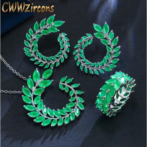 CWWZircons Classic Leaf Austrian Crystal Necklace Earrings Rings Set Fashion Brand Ladies Jewelry Sets With Green Stones T014