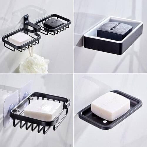 Bathroom Soap Dish Storage Holder Aluminum Nail Free Wall Mounted Soap Box Basket Square Rack Soap Case
