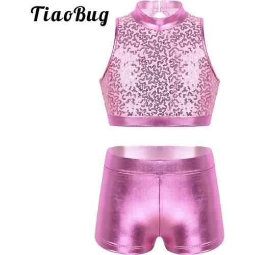 TiaoBug Kids Girls Two-Piece Dancewear Sequins Metallic Crop Tops with Ballet Gymnastics Shorts Set Stage Performance Costume
