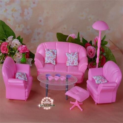 For Barbie Doll Furniture Accessories Toy Pink Sofa Floor Lamp Tea Table Cup Chair Mirror Lamp Store Gift Girl DIY