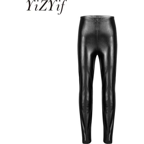Girls Dance Leggings Stretch Skinny Pants Silver Black Rose Color Kids Bottoms Metallic Leggings for Performances Costume 4-12 Y