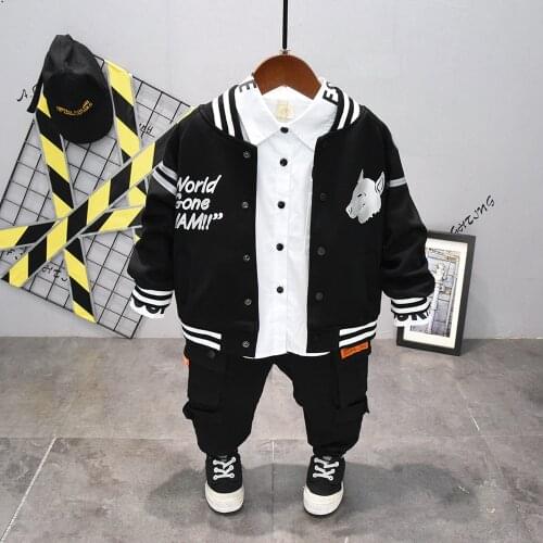 3pcs/sets spring and autumn Childrens Sets black Coat + Letters shirt + cargo pants boys suit for toddler boy clothes Kids Suit