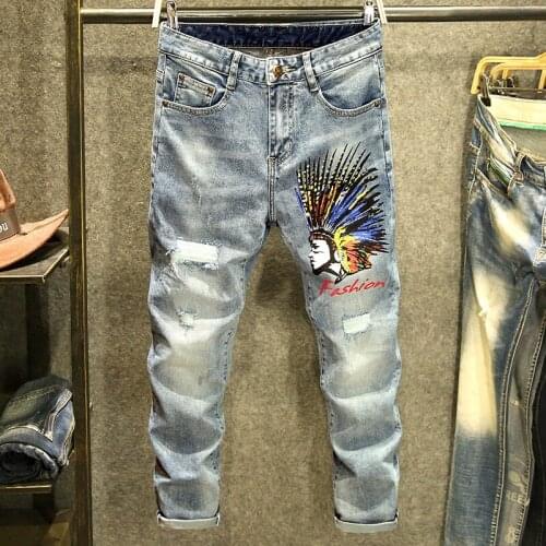 Hot Sale Men Spring Autumn Light-Color Ripped Ankle-Length Jeans Slim Fit Pencil Pants High Street Print Letter Micro-Elasticity