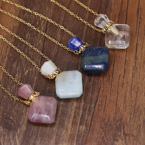 Natural Rose Quartzs Perfume Bottle Pendant Necklace Lapis Lazulis Necklace For Jewelry Gift Length 66+5cm Size 25x36x13mm