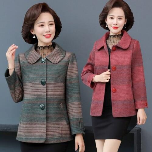 NEW Spring Autumn Blended Women Woolen Coat Large Size Single-Breasted Stripe Middle-Aged Elderly Mothers Outerwear Tops 5XL