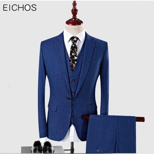 Men Suits For Wedding Striped Groom Slim Fit Three Pieces Tuxedo Jacket Mens Navy Blue High Quality Wedding Suit Men 5XL