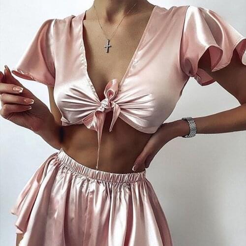 Pajamas for Women Sleepwear Pink V Neck Tops and Pijamas Shorts Two Piece Set Summer Satin Silk Sleep Lounge Wear Nightwear Sexy