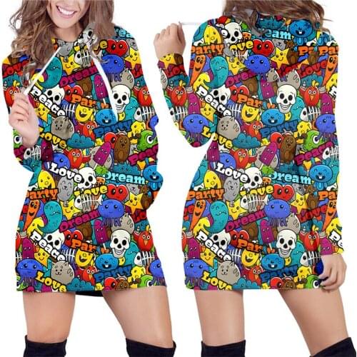 OGKB Fashion Hoodies Dress Women Harajuku 3d Street Graffiti Print Sweatshirt Women Long Sleeve Hooded Dress Hip Hop Pullover
