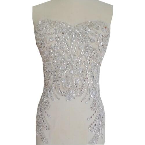 Sew on silver rhinestones applique on mesh handmade crystals/beads/gem stones patches for dress accessory 47*39cm