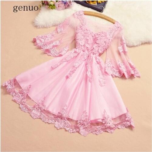 Pink Lace Mesh Sweet Style Perspective Dresses Fashion Brand Floral Hollow Out Spring Summer Flare Sleeve A-line Dress Woman New