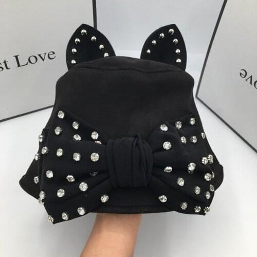 The spring and autumn period faux suede bow ear diamond bucket hat for women fisherman cap basin