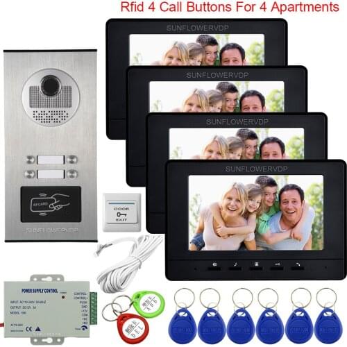 7" Video Intercom 4 Monitors Monitoring Camera System Outdoor Waterproof Access Control Intercom for a Private House Video Call