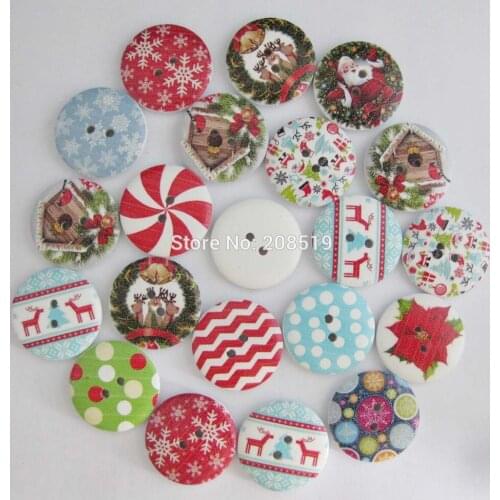 WBNSOV 100 pcs Randomly Various Patterns 25mm Buttons Christmas sewing scrapbooking decoration Round wood buttons