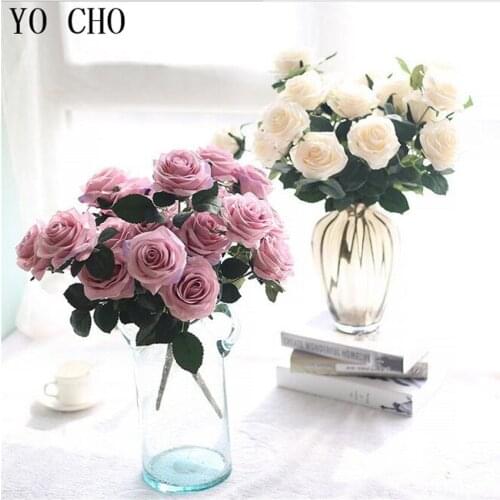 YO CHO Artificial Flowers Rose Silk Wedding Decoration Fake 10 Heads Bouquet Fake Flower Eustoma Fleur Hogar Christmas Plants
