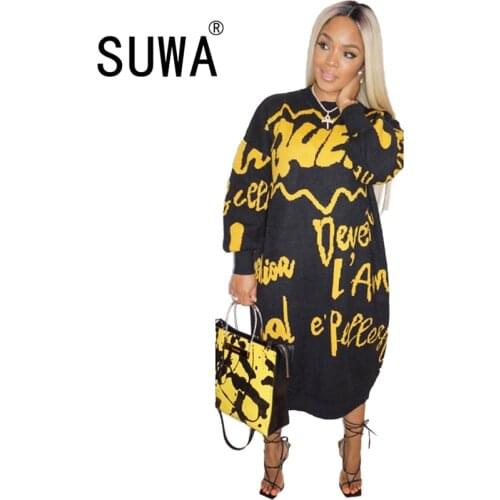 Yellow Letter Print Office Lady Loose Dresses Women Round Neck Long Sleeve Plus Size Dress Autumn Female Night Club Party Dress