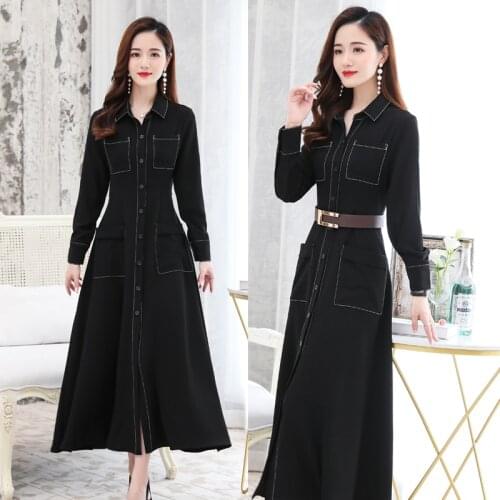 Fashion Super longer dress Royal Multiple pockets Denim dress female Hit color simple deisgn dress with belt F2707