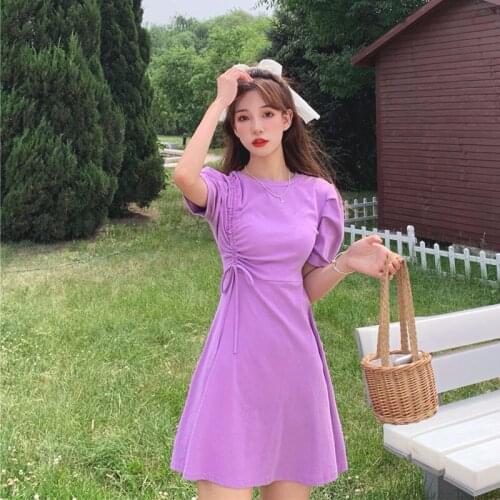 New French Retro Short-Height Drawstring Waist Hugging Slim round Neck Bubble Short-Sleeve Sweet lolita Dress Women Summer