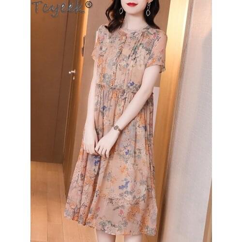 Quality High 200% Silk Summer Dress Midi Floral Dresses for Women Casual Ladies Dresses Elegant Vestidos Mujer Gxy22