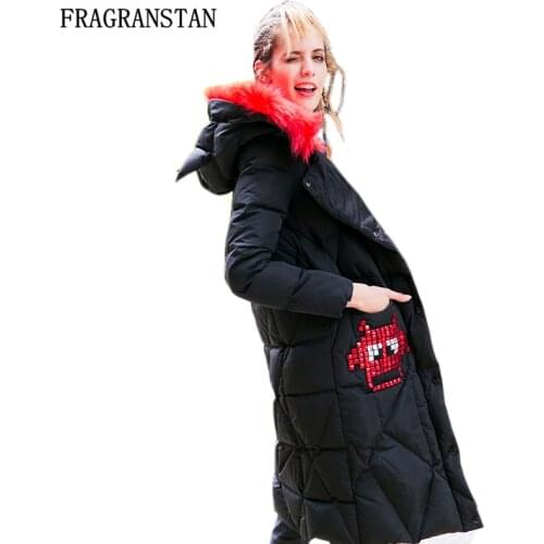 Winter Women New Fashion Cartoon Printed Diamonds Black Down Jacket Loose Slim X-Long Warm Sweet Stitching Hooded Parkas LY52