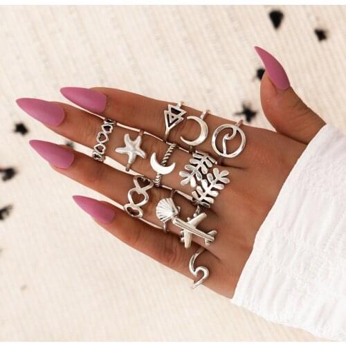 11Pcs/Sets Boho Vintage Star Knuckle Rings For Women Heart-Shaped Crescent Geometric Female Finger Rings Set Jewelry