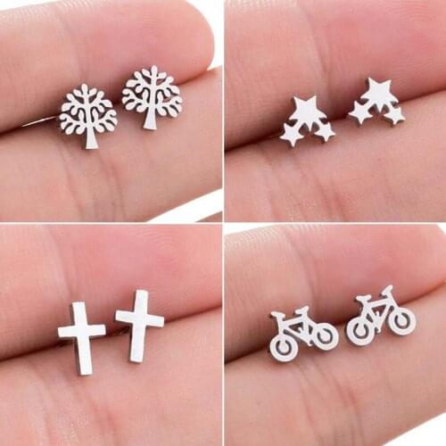 Bohemia Tree of Life Earrings Small Cute Star Cross Bicycle Stud Earring Cartilage Ear Studs Women Piercing Everyday Jewelry
