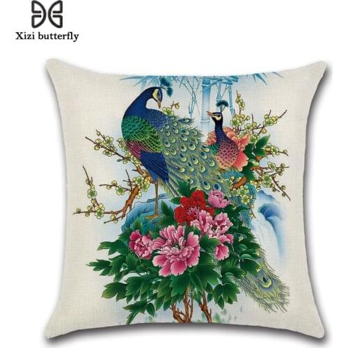 Peacock Feather Animal Pattern Decorative Throw Pillow Case Bird Flowers Linen Pillowcase Cushion Cover for Car Home Sofa Decor