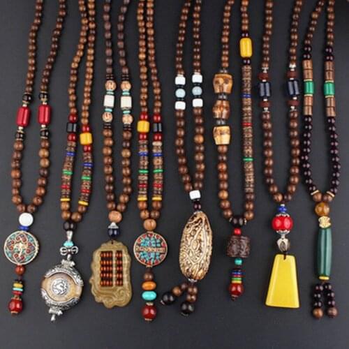 Ethnic Style Natural Stone Ceramic Crafts Bodhi Wood Pendant Necklace Religious Buddha Wood Beaded Necklace Jewelry For Woman