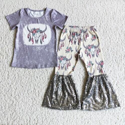 Ready To Ship Items Kids O-Neck Short Sleeve Outfit Baby Girls Cute Cartoon Top And Cow Print Beller Pants Suit With Sequin