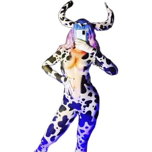 Cow Jumpsuit Suit Animal Headwear Bodysuit Set Women Long Sleeves Rompers Party Halloween Cosplay Dance Stage Nightclub Costume