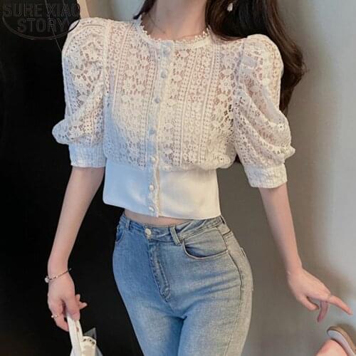 Summer Short Sleeve Loose Shirts Sext White Lace Blouses Women Tops 2021 Hollow Out Stand Collar Korean Solid Ladies Tops 13607