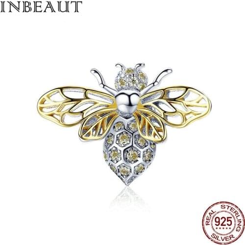 INBEAUT Hot Sale Genuine 925 Sterling Silver Gold-color Wing Brown CZ Honeybee Charms fit Brand Bracelet Insect Jewelry Making