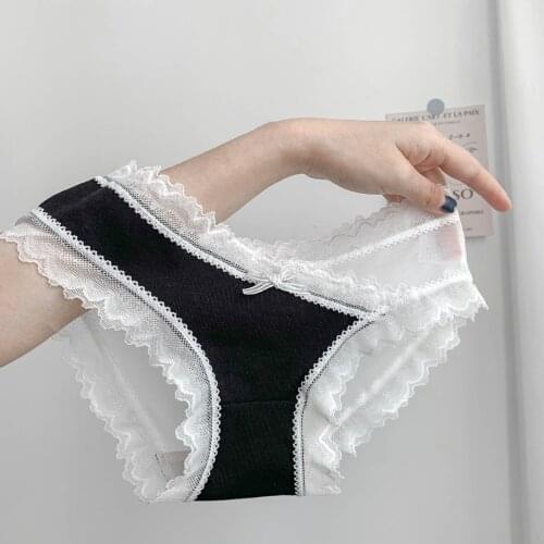 Japanese Underwear Feminine Sense Mesh Yarn Lace Sweet Cotton File Low Waist Breathable Contrast Color Cross Panties