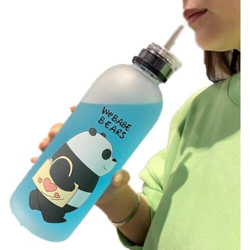 1000ml Bear Cartoon Pattern Water Bottle Transparent Travel Portable Sports Water Bottle Frosted Plastic Leak-proof Drinkware