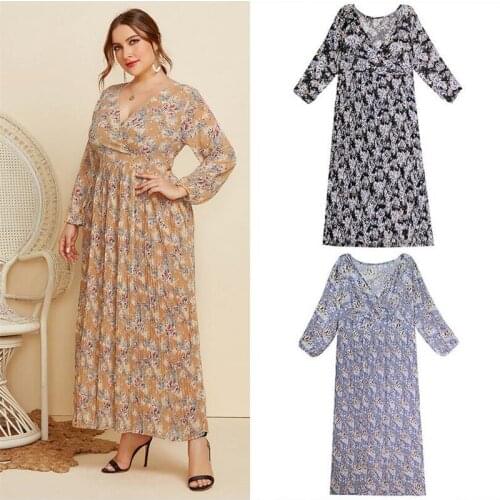 Plus Size Women Floral Print Long Maxi Dress V Neck Kaftan Boho Dubai Abaya Muslim Party Gown Islamic Clothing Bohemian Vestidos