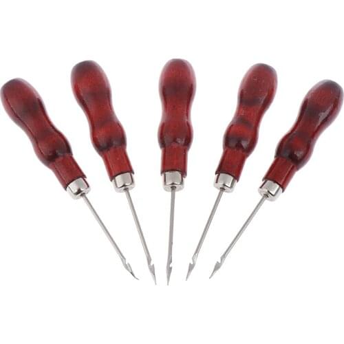5Pcs Wooden Handle Sewing Awl Hand Stitcher Leather Craft Tip Shoe Repair Puncher Positioning Drill Sewing Needle Hook Tool