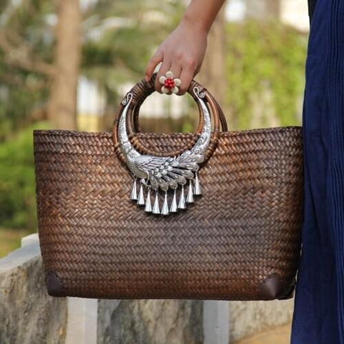 Vintage handmade rattan bag straw bag casual vacation beach handbag
