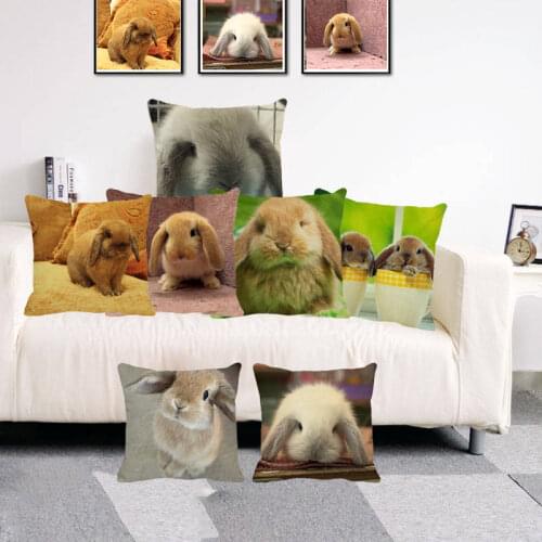 XUNYU Cute Animal Cushion Cover Lop Rabbit Pattern Linen Pillowcase Sofa Bed Home Decoration Throw Pillowcase 45x45cm D0047
