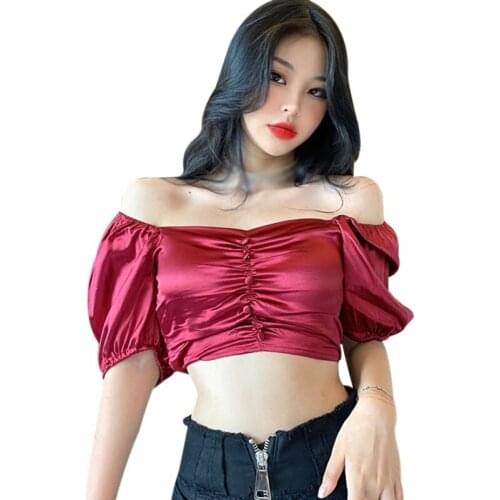Womens Summer Silm Shirt Slash Neck Sweet Top Puff Sleeve Sexy Solid Short Sleeves Blouses Woman