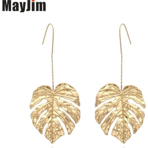 Mayjim Statement Fashion New Retro alloy long Leaf Earrings European American hollow metal Leaf Earrings female